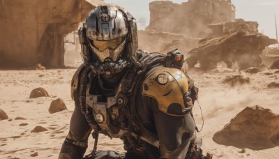 solo,1boy,upper body,male focus,outdoors,armor,military,helmet,robot,1other,science fiction,rock,realistic,military vehicle,cable,ruins,damaged,desert,dust,ground vehicle,mecha,motor vehicle,sand,tank,full armor,power armor,debris