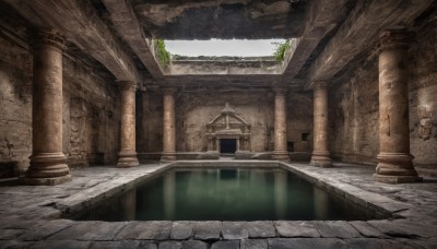 outdoors,sky,day,cloud,water,tree,no humans,sunlight,building,scenery,stairs,architecture,ruins,pillar,statue,arch,column,plant,light rays,vines,east asian architecture,shrine,moss,stone,overgrown,stone floor,stone wall,stone stairs