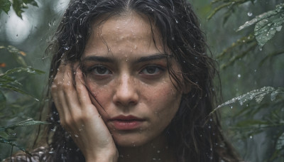 1girl, solo, long hair, looking at viewer, black hair, brown eyes, closed mouth, water, blurry, black eyes, lips, wet, leaf, portrait, hand on own face, freckles, water drop, realistic, nose