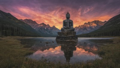 solo,1boy,sitting,outdoors,sky,cloud,water,tree,no humans,cloudy sky,grass,star (sky),nature,scenery,reflection,sunset,mountain,river,twilight,evening,statue,lake,reflective water,starry sky,rock,horizon,indian style,landscape,mountainous horizon,very wide shot