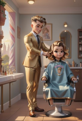 1girl,smile,short hair,blonde hair,brown hair,shirt,long sleeves,1boy,dress,jewelry,sitting,standing,jacket,white shirt,necktie,shoes,pants,indoors,necklace,black eyes,siblings,chair,brown footwear,formal,bottle,suit,child,black necktie,mirror,brother and sister,female child,brown pants,stool,looking at viewer,brown eyes,full body,artist name,shadow,sunlight,curly hair,lamp,comb,brushing hair