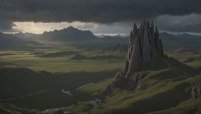 outdoors,sky,day,cloud,no humans,cloudy sky,grass,nature,scenery,rock,mountain,river,landscape,mountainous horizon,hill,cliff,field,path