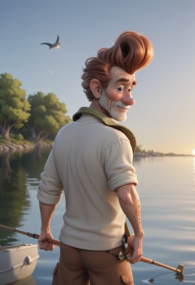 solo,looking at viewer,blush,smile,blue eyes,brown hair,shirt,1boy,holding,standing,white shirt,ass,male focus,outdoors,sky,teeth,day,looking back,pants,artist name,water,from behind,grin,tree,facial hair,bird,beard,sleeves rolled up,backlighting,freckles,sunset,realistic,sun,watercraft,brown pants,old,river,boat,lake,fishing rod,seagull,arm hair,fishing,tattoo,mustache