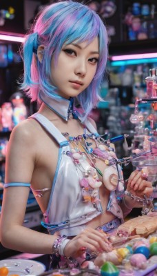 1girl,solo,breasts,looking at viewer,short hair,bangs,bare shoulders,brown eyes,jewelry,medium breasts,blue hair,upper body,pink hair,multicolored hair,small breasts,food,belt,nail polish,blurry,bracelet,two-tone hair,lips,detached collar,blurry background,one side up,ring,realistic,nipples,open clothes,glasses,bra,black eyes,apron,collar,open shirt,spoon,unbuttoned