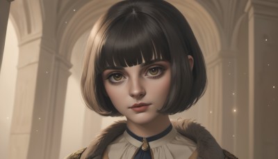 1girl,solo,looking at viewer,short hair,bangs,black hair,brown eyes,closed mouth,artist name,indoors,blunt bangs,lips,fur trim,eyelashes,makeup,bob cut,lipstick,portrait,light particles,red lips,pillar,brown hair,nose