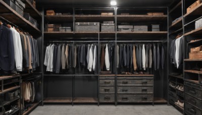 shirt,jacket,white shirt,indoors,no humans,box,scenery,tiles,shelf,cardboard box,shop,ceiling,clothes hanger,ceiling light,laundry,clothes,formal,suit,lamp,still life,drawer,cabinet,chest of drawers