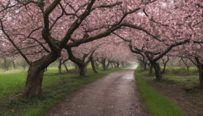 outdoors, day, tree, no humans, traditional media, grass, cherry blossoms, scenery, road, path, spring (season)