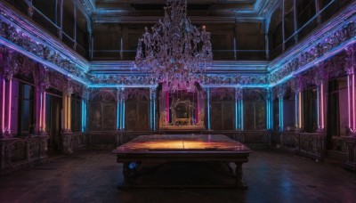 indoors,no humans,window,night,chair,table,sunlight,scenery,reflection,light rays,stairs,light,stool,pillar,chandelier,wooden floor,fantasy,candle,candlestand