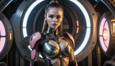 HQ,1girl,solo,long hair,breasts,looking at viewer,blue eyes,large breasts,black hair,cleavage,jewelry,medium breasts,upper body,ponytail,earrings,armor,lips,clothing cutout,bodysuit,makeup,cleavage cutout,science fiction,hoop earrings,realistic,nose,hair pulled back,brown hair,lipstick