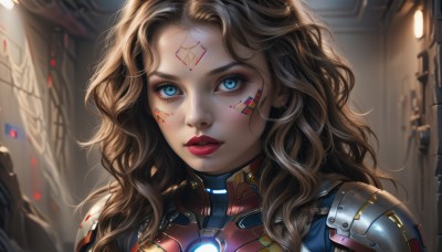 1girl,solo,long hair,looking at viewer,blue eyes,blonde hair,brown hair,upper body,parted lips,solo focus,indoors,armor,blurry,lips,eyelashes,bodysuit,makeup,depth of field,blurry background,wavy hair,facial mark,lipstick,messy hair,portrait,close-up,forehead,freckles,science fiction,curly hair,forehead mark,realistic,nose,red lips,facepaint,cyborg,weapon,teeth,artist name,gun,glowing,shoulder armor,eyeshadow,eyeliner,power armor,american flag,mascara,japanese flag