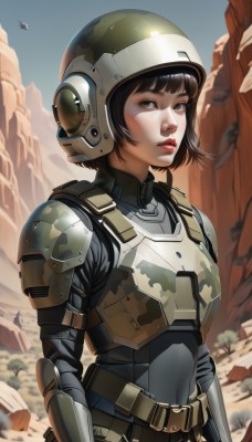 1girl,solo,looking at viewer,short hair,bangs,brown hair,black hair,brown eyes,upper body,weapon,outdoors,parted lips,sky,day,belt,armor,uniform,lips,gun,military,bodysuit,bob cut,helmet,shoulder armor,science fiction,breastplate,mountain,realistic,aircraft,nose,red lips,airplane,camouflage,power armor,soldier,body armor,spacecraft,desert,pilot