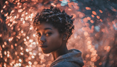 solo, looking at viewer, short hair, black hair, 1boy, jewelry, closed mouth, male focus, earrings, artist name, dark skin, hood, blurry, dark-skinned female, lips, dark-skinned male, portrait, curly hair, realistic, nose, very dark skin