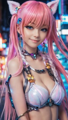 1girl,solo,long hair,breasts,looking at viewer,smile,bangs,blue eyes,hair ornament,animal ears,cleavage,twintails,jewelry,medium breasts,closed mouth,underwear,swimsuit,upper body,pink hair,bikini,multicolored hair,earrings,choker,cat ears,bra,blurry,lips,blurry background,bare shoulders,necklace,collar,eyelashes,depth of field,pink lips,realistic,bokeh