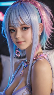 1girl,solo,breasts,looking at viewer,smile,short hair,bangs,blue eyes,large breasts,dress,cleavage,bare shoulders,jewelry,medium breasts,closed mouth,blue hair,upper body,pink hair,grey hair,sidelocks,multicolored hair,hairband,earrings,sleeveless,necklace,blurry,from side,two-tone hair,lips,pillow,eyelashes,makeup,blurry background,short hair with long locks,pink lips,realistic,nose,pink hairband,artist name,bra,gradient hair