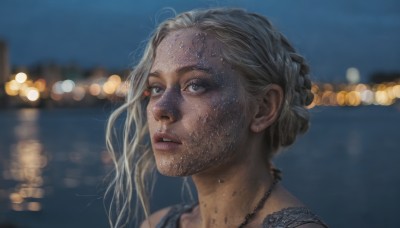 1girl,solo,long hair,looking at viewer,blue eyes,blonde hair,jewelry,braid,grey hair,outdoors,parted lips,necklace,blurry,lips,wet,grey eyes,night,depth of field,blurry background,portrait,freckles,realistic,nose,dirty,city lights,sky,water,ocean,night sky,looking afar,bokeh,pearl necklace