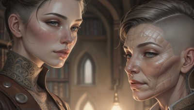 1girl,looking at viewer,short hair,blue eyes,multiple girls,brown hair,1boy,2girls,closed mouth,grey hair,parted lips,indoors,hair bun,mole,blurry,black eyes,lips,grey eyes,book,eyelashes,mole under eye,blurry background,siblings,single hair bun,portrait,dual persona,freckles,realistic,nose,bookshelf,library,blush,black hair,symmetry