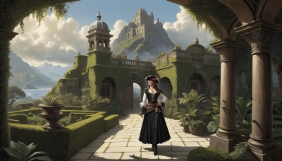 1girl,solo,long hair,skirt,brown hair,shirt,gloves,long sleeves,hat,dress,standing,white shirt,boots,outdoors,sky,day,belt,cloud,black skirt,black footwear,vest,tree,blue sky,hand on hip,shadow,looking away,cloudy sky,grass,plant,building,scenery,corset,long skirt,pouch,mountain,fantasy,potted plant,pillar,castle,arch,smile,looking to the side,book,black headwear,bird,brown gloves,walking,bush,architecture,wide shot,bridge,landscape,column