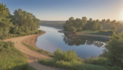 outdoors,sky,day,cloud,water,tree,blue sky,no humans,grass,nature,scenery,forest,reflection,mountain,sun,bush,river,landscape,lake,ocean,sunlight,sunset,horizon,road,path