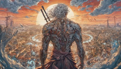 solo,long hair,1boy,standing,weapon,white hair,male focus,outdoors,sky,sword,cloud,water,from behind,tattoo,muscular,ocean,back,cloudy sky,building,sheath,scenery,topless male,sunset,sheathed,city,arms at sides,sun,facing away,cityscape,weapon on back,orange sky,back tattoo,holding,cowboy shot,signature,medium hair,floating hair,bird,moon,muscular male,wind,horizon,watercraft,twilight,ship,waves,gradient sky,red sky