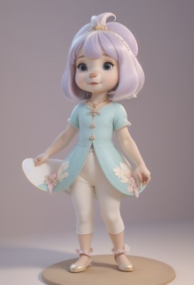 1girl,solo,looking at viewer,smile,short hair,blue eyes,simple background,hat,dress,jewelry,standing,full body,purple hair,flower,short sleeves,shoes,pants,necklace,black eyes,lips,blue dress,child,topknot,capri pants,bangs,hair ornament,white background,navel,artist name,flat chest,no humans,:3,watermark,white footwear,web address,pink flower,realistic,furry female