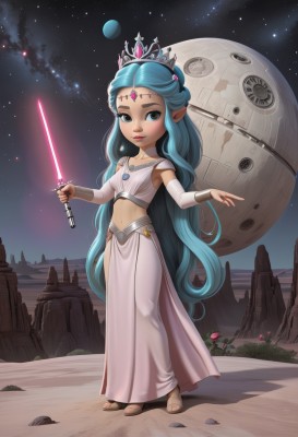 1girl,solo,long hair,breasts,looking at viewer,smile,blue eyes,skirt,navel,jewelry,very long hair,blue hair,standing,weapon,detached sleeves,sky,pointy ears,midriff,sword,necklace,lips,aqua hair,toes,night,sandals,tiara,crown,star (sky),starry sky,long skirt,circlet,toeless legwear,space,planet,energy sword,spacecraft,lightsaber,dress,brown eyes,full body,flower,barefoot,crop top,moon,night sky,science fiction