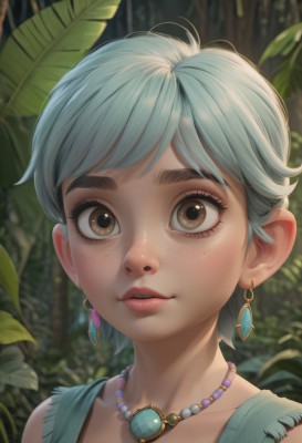 1girl,solo,looking at viewer,smile,short hair,bangs,brown eyes,jewelry,blue hair,collarbone,earrings,outdoors,parted lips,teeth,artist name,necklace,blurry,lips,eyelashes,depth of field,blurry background,leaf,thick eyebrows,plant,gem,portrait,nature,close-up,forest,freckles,nose,pearl necklace,sleeveless