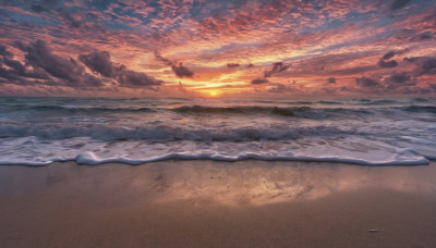 outdoors, sky, cloud, water, no humans, ocean, beach, cloudy sky, scenery, sunset, sand, horizon, waves, shore