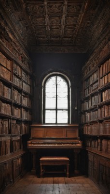 day,indoors,book,no humans,window,chair,sunlight,scenery,wooden floor,bookshelf,book stack,library,ceiling,ladder,instrument,piano,grand piano