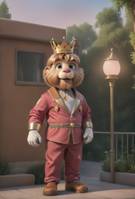 solo,looking at viewer,smile,open mouth,brown hair,gloves,long sleeves,1boy,brown eyes,standing,jacket,full body,male focus,outdoors,sky,shoes,belt,pants,white gloves,uniform,black eyes,tree,window,night,facial hair,brown footwear,formal,grass,crown,red jacket,furry,bush,furry male,red pants,lamppost,shirt,white shirt,teeth,artist name,buttons,watermark,gem,web address,pink jacket,pink pants