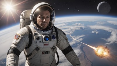 solo,looking at viewer,smile,brown hair,1boy,upper body,male focus,facial hair,moon,helmet,star (sky),beard,science fiction,realistic,mustache,sun,space,explosion,planet,earth (planet),american flag,spacesuit,japanese flag,astronaut,black hair,bag,backpack,spacecraft,rocket,space helmet