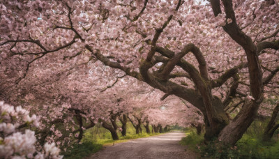 flower, outdoors, day, blurry, tree, no humans, depth of field, grass, cherry blossoms, scenery, road, path, spring (season)