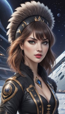 1girl,solo,breasts,looking at viewer,bangs,brown hair,cleavage,brown eyes,jewelry,medium breasts,jacket,upper body,hairband,earrings,parted lips,open clothes,sky,artist name,signature,medium hair,necklace,star (symbol),lips,black jacket,fur trim,eyelashes,makeup,lipstick,gem,star (sky),snow,pendant,starry sky,realistic,nose,red lips,eyeliner,space,planet,earth (planet),mascara,short hair,closed mouth,bra