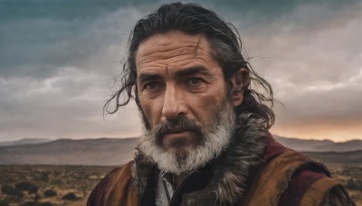 solo,looking at viewer,black hair,1boy,closed mouth,upper body,male focus,outdoors,sky,day,cloud,medium hair,blurry,black eyes,fur trim,facial hair,scar,cloudy sky,portrait,beard,scar on face,mountain,mustache,field,old,old man,wrinkled skin,armor,grey eyes,realistic,grey sky