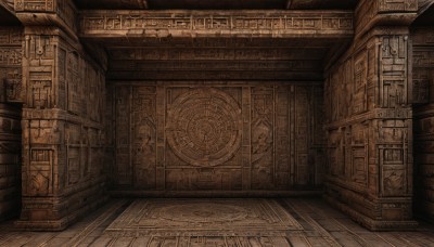 monochrome,indoors,dutch angle,no humans,scenery,stairs,door,architecture,sepia,brown theme,carpet,arch,wooden floor,clock,magic circle