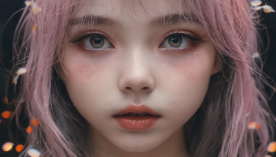 1girl, solo, long hair, looking at viewer, bangs, brown eyes, pink hair, parted lips, blurry, lips, eyelashes, portrait, close-up, realistic, nose, red lips, eye focus