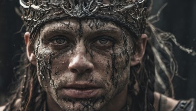 1girl,solo,long hair,looking at viewer,brown hair,black hair,1boy,closed mouth,braid,male focus,blurry,black eyes,lips,grey eyes,crown,black background,portrait,close-up,realistic,armor,facial hair,scar,beard,scar on face,looking afar,manly