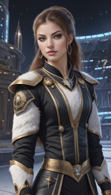 1girl,solo,long hair,breasts,looking at viewer,brown hair,gloves,long sleeves,brown eyes,jewelry,standing,braid,earrings,outdoors,parted lips,sky,black gloves,armor,lips,fur trim,makeup,night,lipstick,night sky,gold trim,hoop earrings,realistic,red lips,medium breasts,weapon,artist name