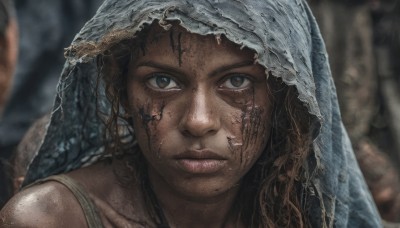 1girl,solo,long hair,looking at viewer,brown hair,bare shoulders,brown eyes,closed mouth,collarbone,solo focus,dark skin,blurry,dark-skinned female,lips,grey eyes,depth of field,blurry background,portrait,veil,realistic,dirty,dirty face,black hair,artist name,signature,close-up,blood on face,nose