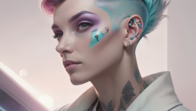 1girl,solo,looking at viewer,short hair,jewelry,blue hair,pink hair,multicolored hair,earrings,parted lips,teeth,black eyes,two-tone hair,lips,grey eyes,eyelashes,aqua hair,tattoo,makeup,facial mark,piercing,lipstick,ear piercing,portrait,eyeshadow,freckles,realistic,nose,eyeliner,very short hair,undercut,mascara,neck tattoo,nose piercing,facial tattoo