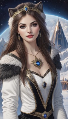 1girl,solo,long hair,breasts,looking at viewer,brown hair,long sleeves,dress,animal ears,cleavage,brown eyes,jewelry,medium breasts,upper body,earrings,sky,necklace,lips,fur trim,makeup,night,moon,tiara,crown,gem,star (sky),night sky,snow,pendant,starry sky,mountain,realistic,red lips,space,planet,castle,earth (planet),bangs,closed mouth,cat ears,parted bangs,wolf ears,lipstick,nose