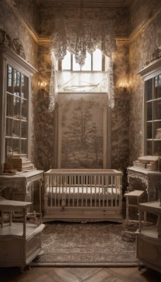 day,indoors,tree,book,no humans,window,chair,table,sunlight,plant,curtains,box,scenery,wooden floor,stairs,lamp,candle,shelf,ceiling,carpet,candlestand,rug,chandelier,fireplace,desk,bookshelf,cabinet