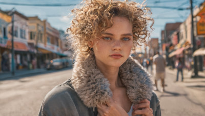 1girl, solo, looking at viewer, short hair, blue eyes, blonde hair, closed mouth, jacket, upper body, outdoors, sky, solo focus, day, blurry, lips, coat, fur trim, depth of field, blurry background, ground vehicle, building, motor vehicle, freckles, curly hair, realistic, car, road, street