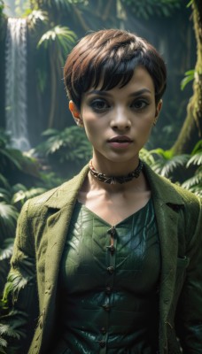 1girl,solo,breasts,looking at viewer,short hair,brown hair,shirt,black hair,brown eyes,jewelry,jacket,upper body,earrings,outdoors,parted lips,open clothes,choker,day,artist name,signature,necklace,blurry,black eyes,tree,lips,coat,piercing,ear piercing,nature,forest,realistic,nose,green shirt,very short hair,waterfall,bangs,teeth,water,open jacket,eyelashes,makeup,lipstick,leather,leather jacket