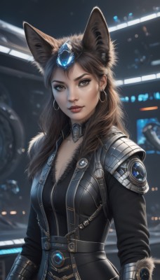 1girl,solo,long hair,breasts,looking at viewer,brown hair,animal ears,cleavage,brown eyes,jewelry,medium breasts,closed mouth,upper body,earrings,choker,belt,artist name,armor,blurry,lips,fur trim,fox ears,makeup,blurry background,gem,hoop earrings,nose,forehead jewel,signature,wolf ears,backlighting,realistic,headpiece,red lips