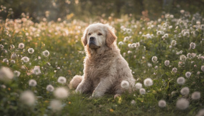 sitting, flower, outdoors, blurry, no humans, depth of field, blurry background, animal, grass, white flower, dog, realistic, animal focus