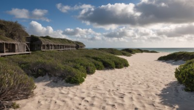 outdoors,sky,day,cloud,water,tree,blue sky,no humans,shadow,ocean,beach,cloudy sky,grass,plant,building,nature,scenery,horizon,road,house,river,landscape,path,signature,ground vehicle,rock,sand,bush,shore