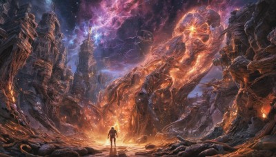 1boy,standing,outdoors,sky,pants,cloud,from behind,night,glowing,fire,star (sky),night sky,scenery,starry sky,science fiction,rock,fantasy,ruins,ambiguous gender,solo,weapon,sword,1other,magic,molten rock