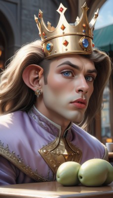 1girl,solo,long hair,looking at viewer,blue eyes,blonde hair,brown hair,jewelry,earrings,parted lips,food,teeth,day,blurry,lips,fruit,blurry background,crown,portrait,purple dress,freckles,realistic,nose,apple,1boy,male focus,indoors,thick eyebrows,gem,grapes