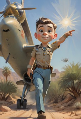 solo,looking at viewer,smile,brown hair,shirt,1boy,holding,brown eyes,full body,short sleeves,male focus,outdoors,sky,day,belt,pants,uniform,tree,blue sky,military,pointing,child,walking,aircraft,palm tree,sun,blue pants,airplane,male child,desert,blush,short hair,open mouth,teeth,sunlight,headwear removed