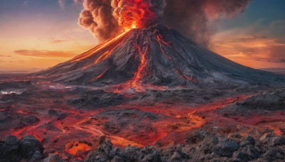 outdoors, sky, cloud, no humans, cloudy sky, fire, scenery, smoke, mountain, molten rock